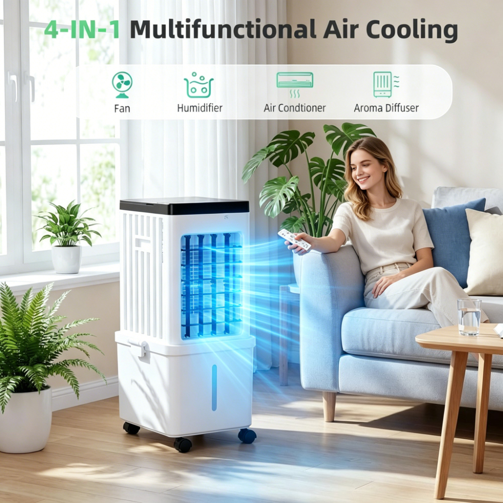 ホイール付きポータブルエアコン 3 風モード 蒸発空気クーラー用 3.5 ガロン水タンク 長時間冷却 120°振動