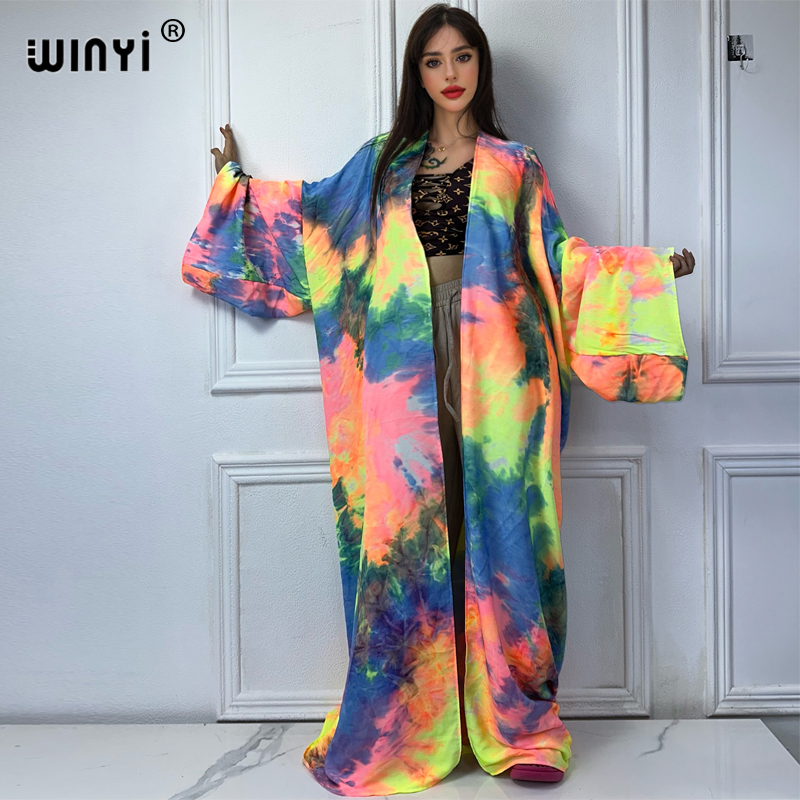 WINYI 着物ボヘミア絞り染めプリントカーディガンアバヤドバイ高級エレガントなビーチの衣装セクシーなドレスカフタンビーチカバーアップ