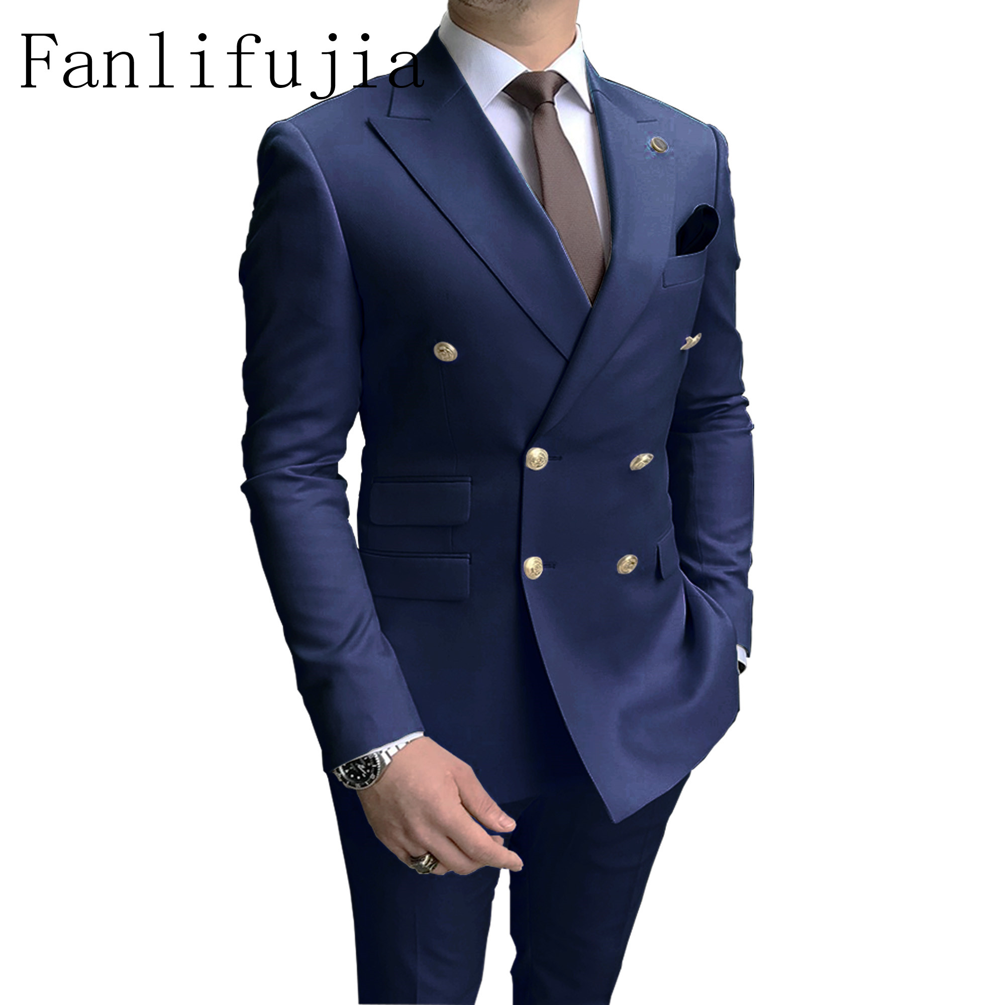 FanliFujia 店ネイビー男性パーティータキシード 2 個最新ピークラペルメンズスーツゴールドボタンファッションスタイルスーツダブルブレスト