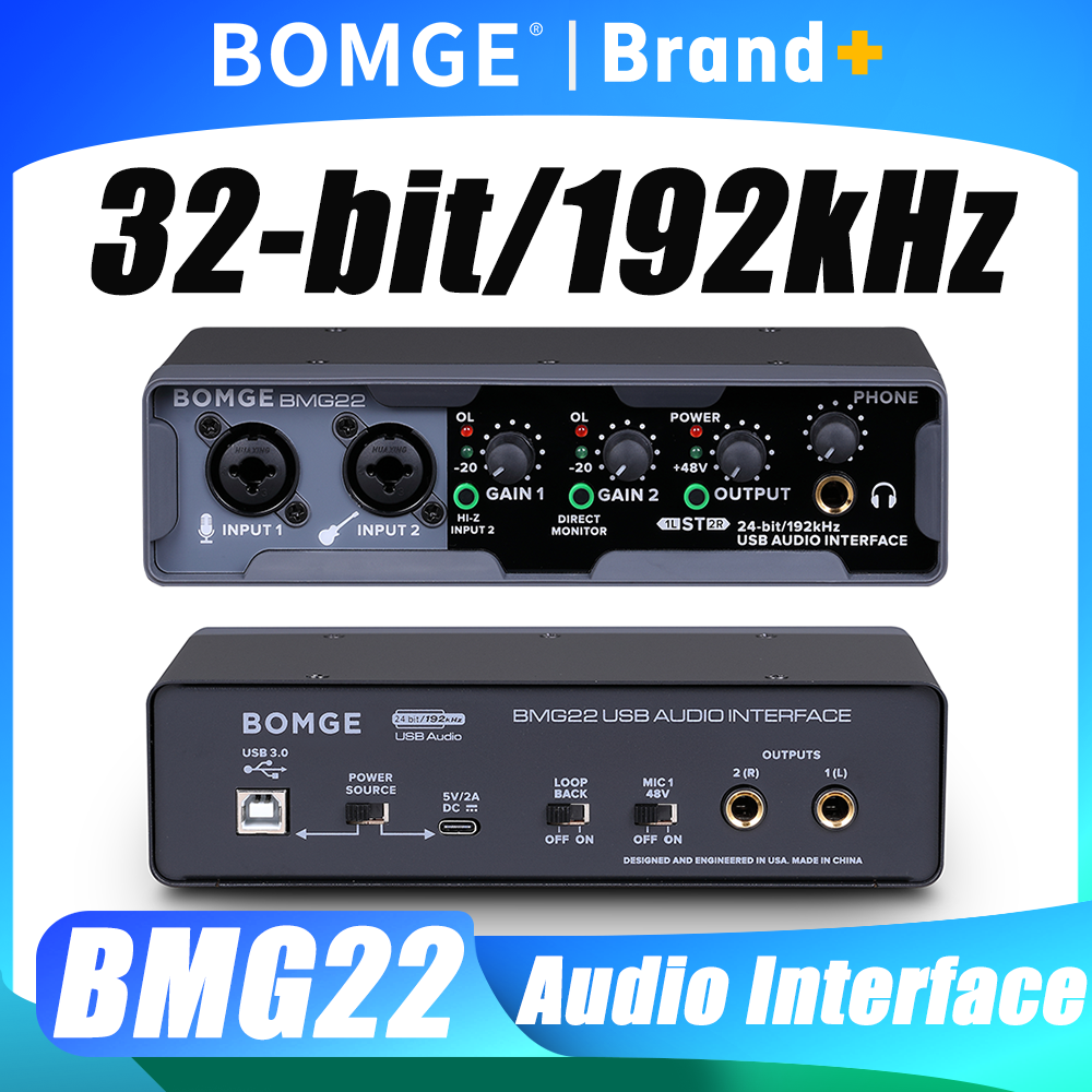 BOMGE USB オーディオインターフェイス 32 ビット/192 kHz XLR ファンタム電源付きダイレクトモニタリングループバック PC レコーディングストリーミングギタリスト用