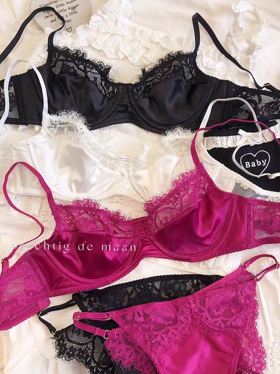Sexy Lace Lingerie Female Satin Comfortable Ultra-Thin Large Breasts Show Small Soft Steel Ring up Support Anti-Sagging Bra Set