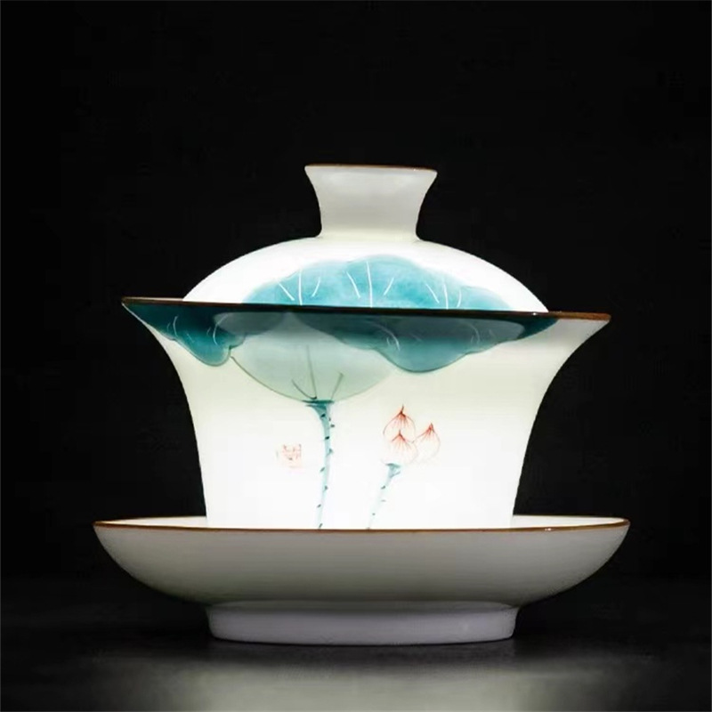 手描き茶脂肪翡翠白磁 Gaiwan 家庭用セラミック茶注入器伝統的なカバーティーカップ付き