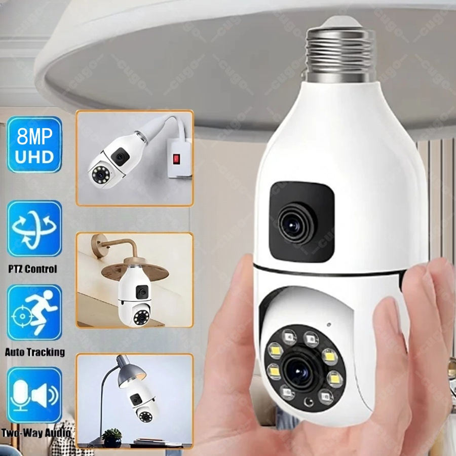 E27 電球監視セキュリティカメラ 8MP HD ナイトビジョン 2 スクリーン 2 レンズカメラ屋内動体検知 8X ズーム WiFi カメラ 5MP