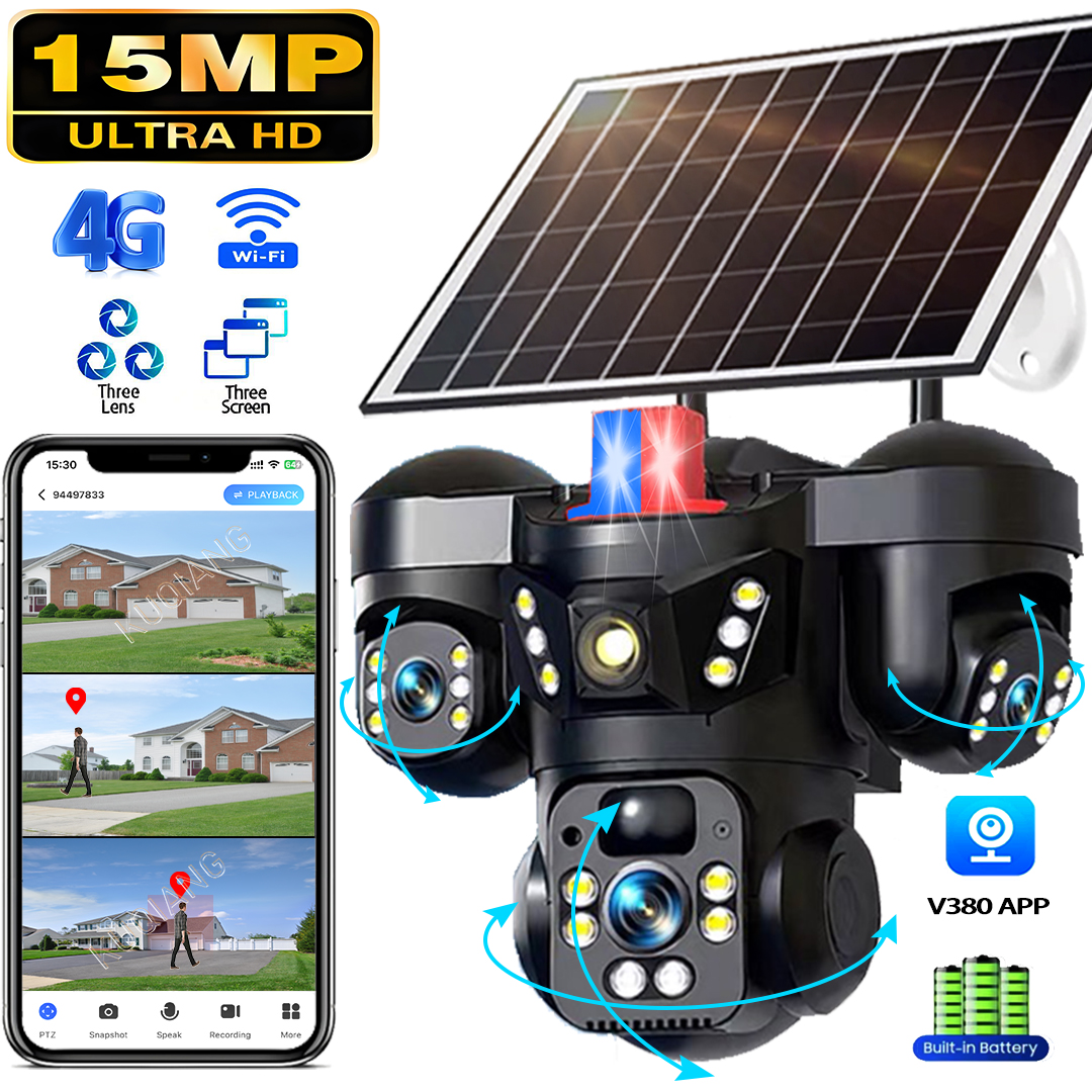 V380 3 レンズ 3 スクリーン 15MP 4 グラムソーラーカメラ屋外 WiFi 10X デジタルズーム防水自動追跡セキュリティ CCTV カメラ