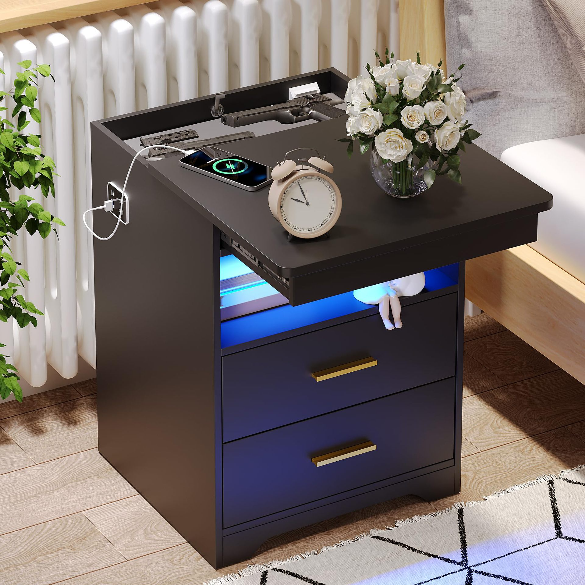 Customizable Smart Bedroom Nightstand with Drawers, Hidden Compartment Lock, Wireless Charging, Sensor Design and LED Lights