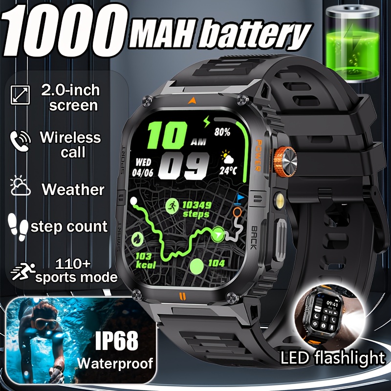 2026 1000mAh 軍事屋外スマートウォッチ 2.01 インチ LED 懐中電灯 IP68 防水心拍数睡眠 Bluetooth 通話スポーツウォッチ
