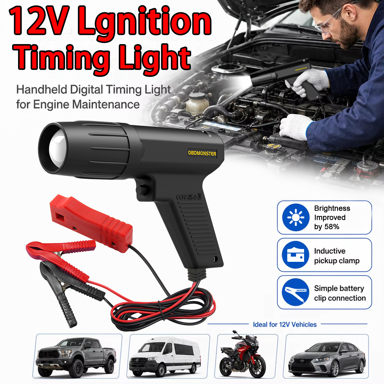 12 V 車の点火タイミングガンタイミング誘導ストロボ診断ツールヴィンテージクラシックカーオートバイ 2 および 4 ストロークガソリンエンジン診断修理アクセサリー
