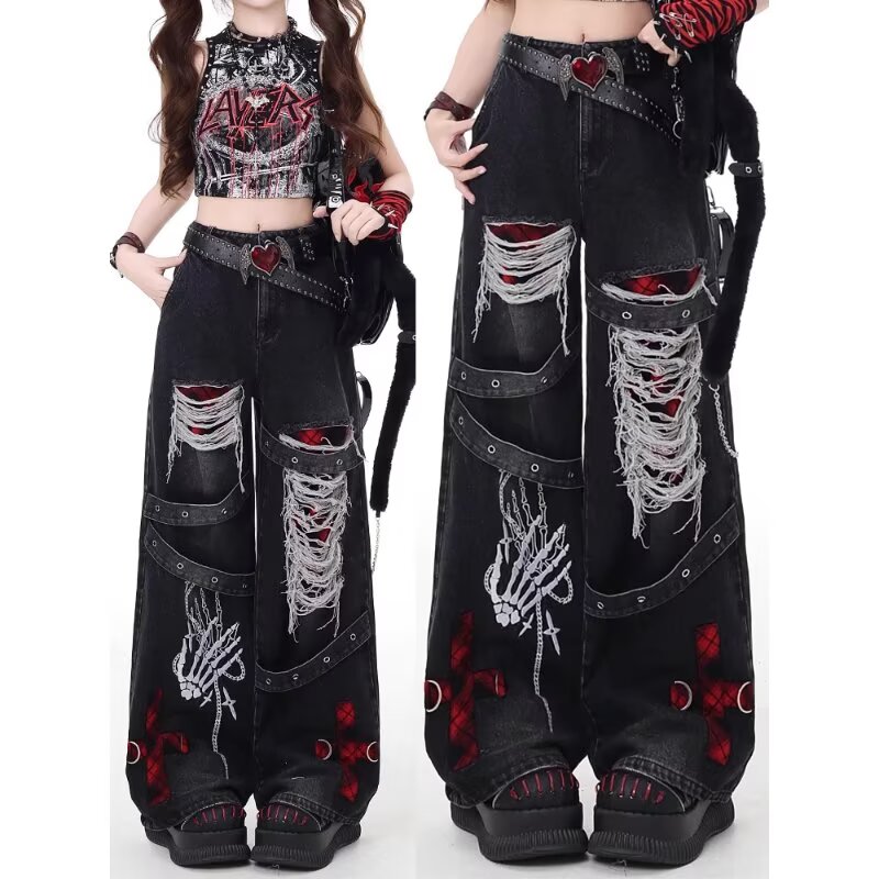 アメリカンスタイルのスパイシーガールルーズ怠惰でリラックスしたデニムパンツ女性パンクレトロウォッシュファッショナブルな万能カジュアルパンツ