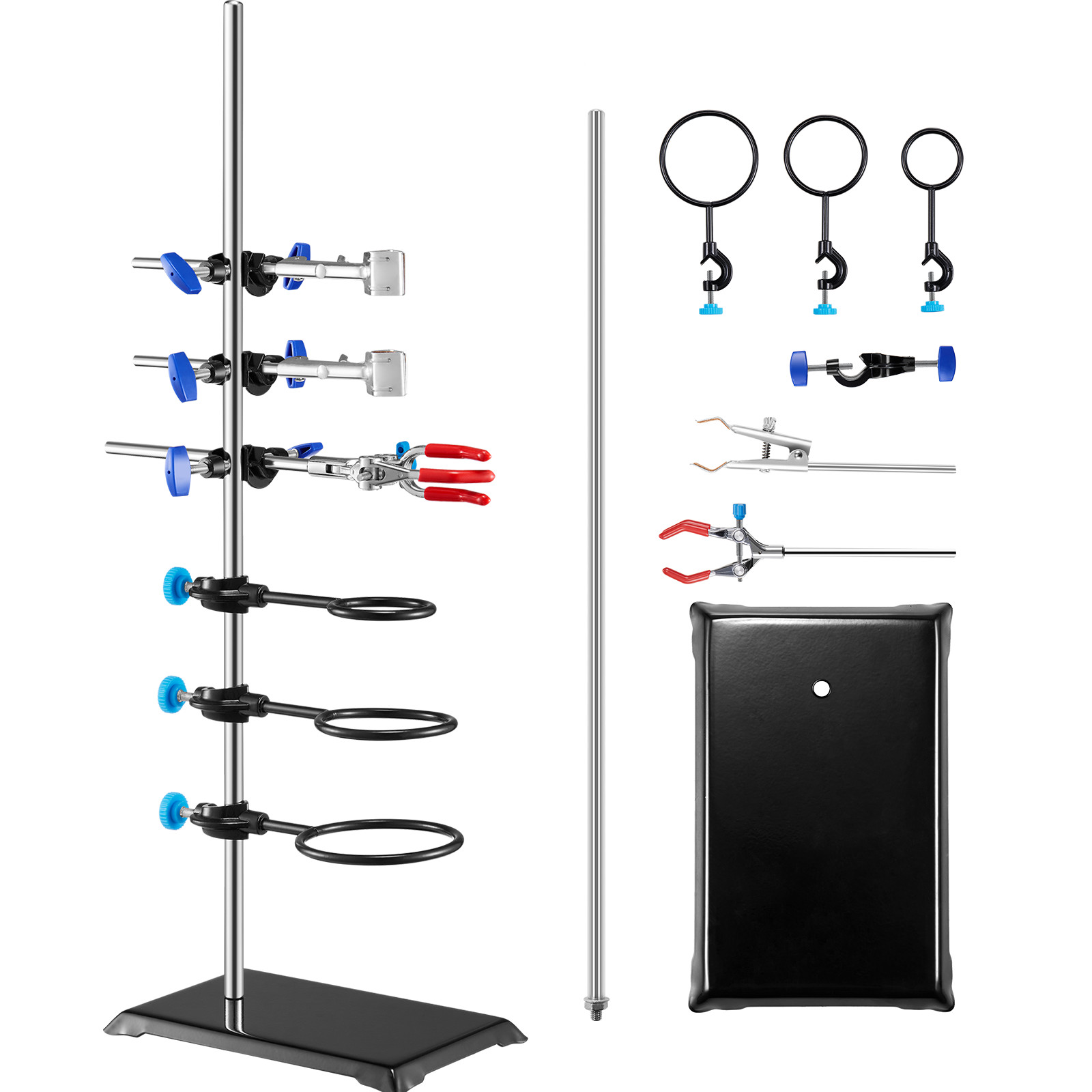 SucceBuy Lab Stand Support Lab Retort Support Stand Set Steel Lab Stand 23.6" Rod and 8.3" x 5.3" Cast Iron Base with Clamps