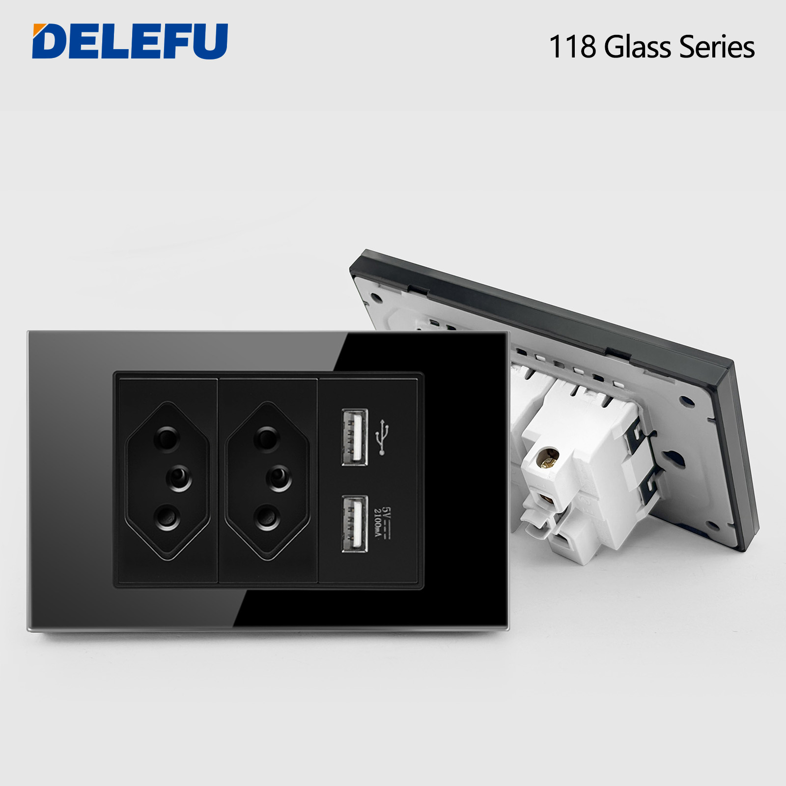 DELEFU ブラジル標準 4x2 ブラック強化ガラスウォールソケット、デュアル USB Type-C 充電ポート、Tuya WiFi スマートライトスイッチ、10A/20
