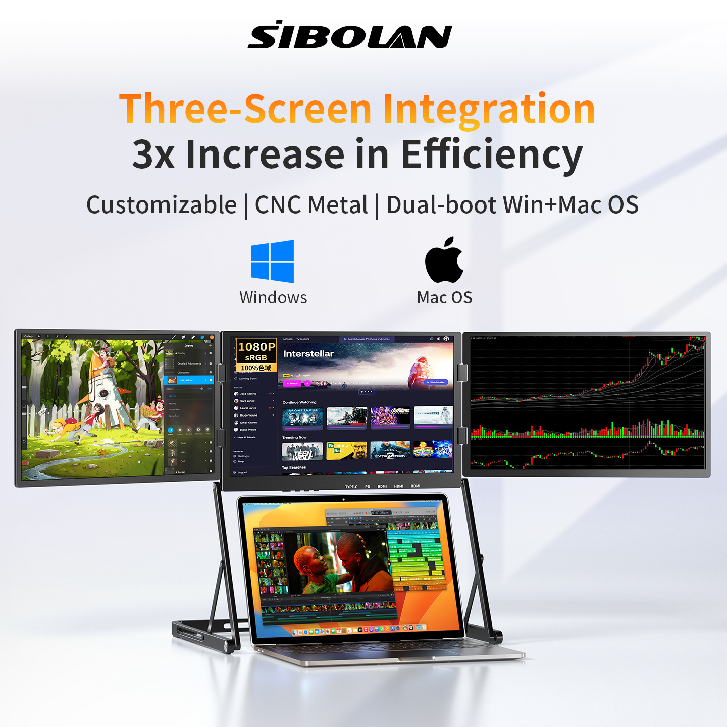 SIBOLAN 16 インチ トリプル スクリーン 折りたたみ式エクステンダー ディスプレイ 2.5k/1080P IPS オールメタル調整可能なスタンド USB C MAC ラップトップ旅行用