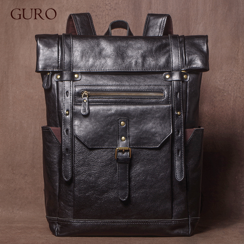 GURO 高品質本革バックパック男性週末レトロトラベルバッグトップ牛革高級ラップトップバッグ屋外戦術的なバックパック