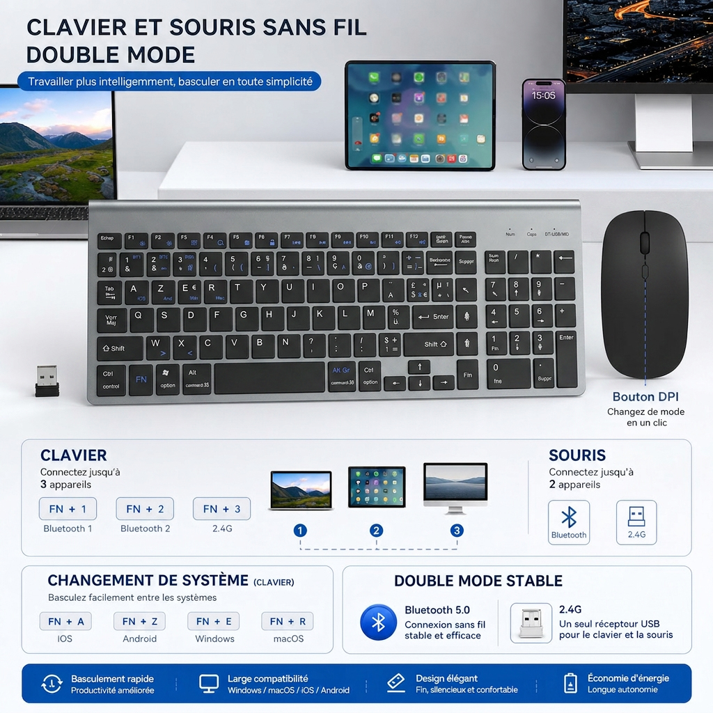 フランス AZERTY レイアウト ワイヤレス キーボード マウス デュアル モード 2.4 グラム Bluetooth 超薄型省エネ Windows IOS Mac Android 用
