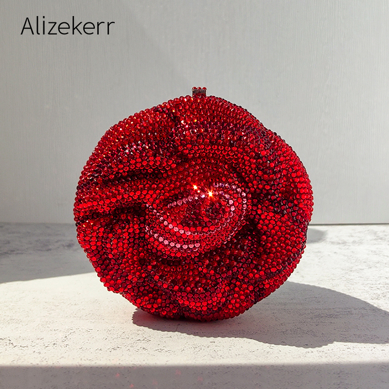 Alizekerr ローズ形クリスタルイブニングバッグ女性ゴージャスでシックなラインストーンフラワークラッチ財布とハンドバッグブライダルウェディングパーティー