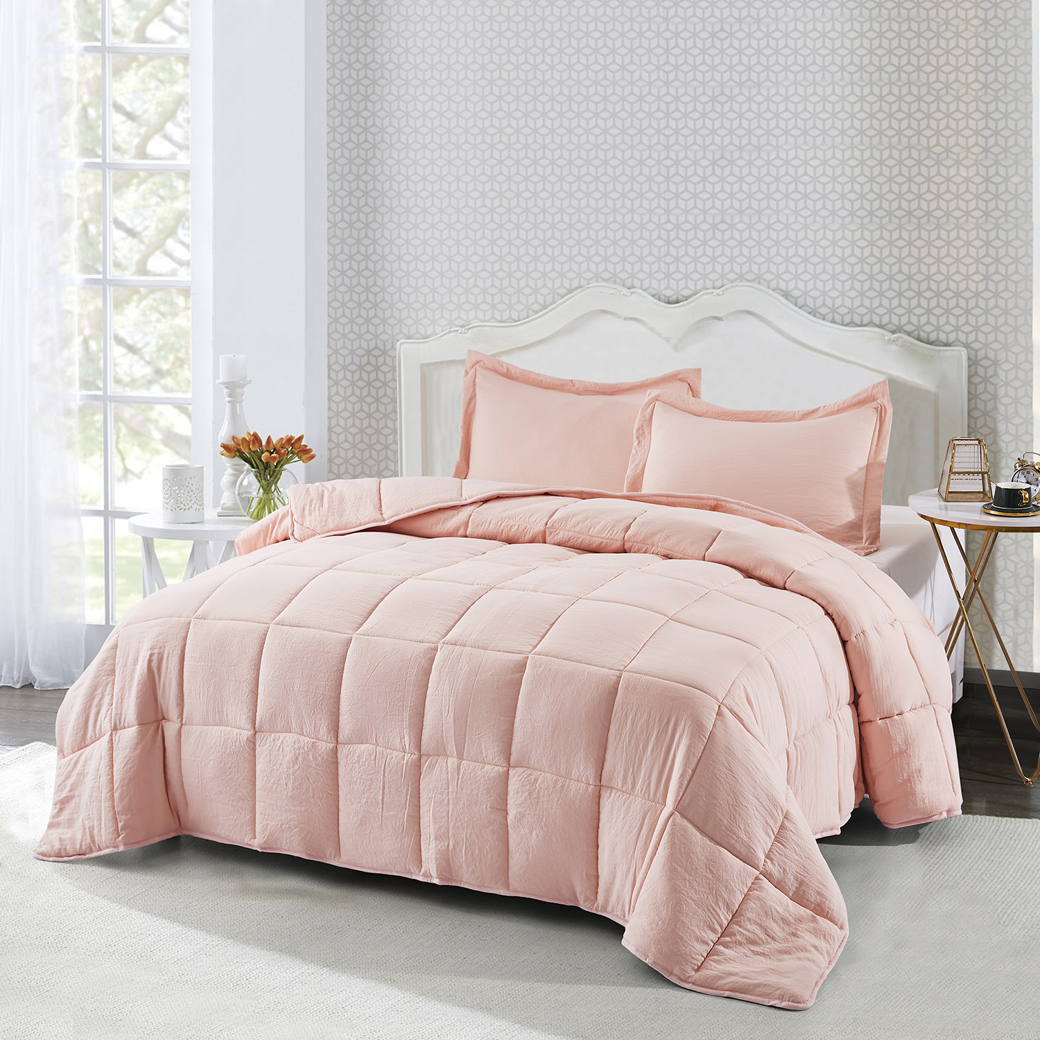 Twin Size Washed Brushed Comforter Set 3 Piece, Light Pink All Season Bedding Set with Comforter & 2 Pillow Shams
