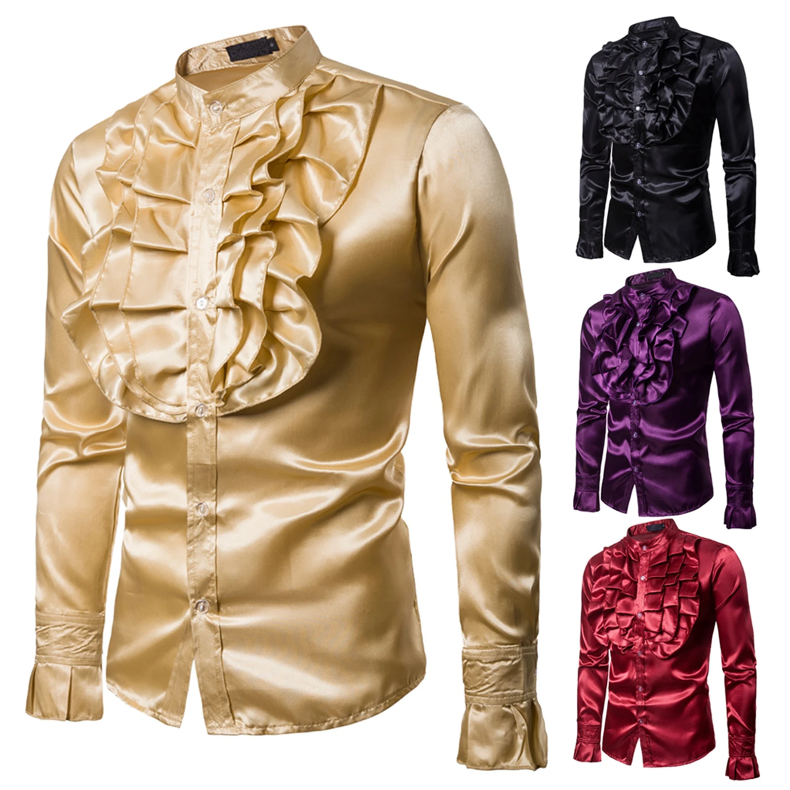 ヴィンテージ 70 年代フリルフリルドレスシャツ男性用ビクトリア朝の衣装トップゴシックパンクレトロ Tシャツ Faxu シルクネクタイシャツハロウィン
