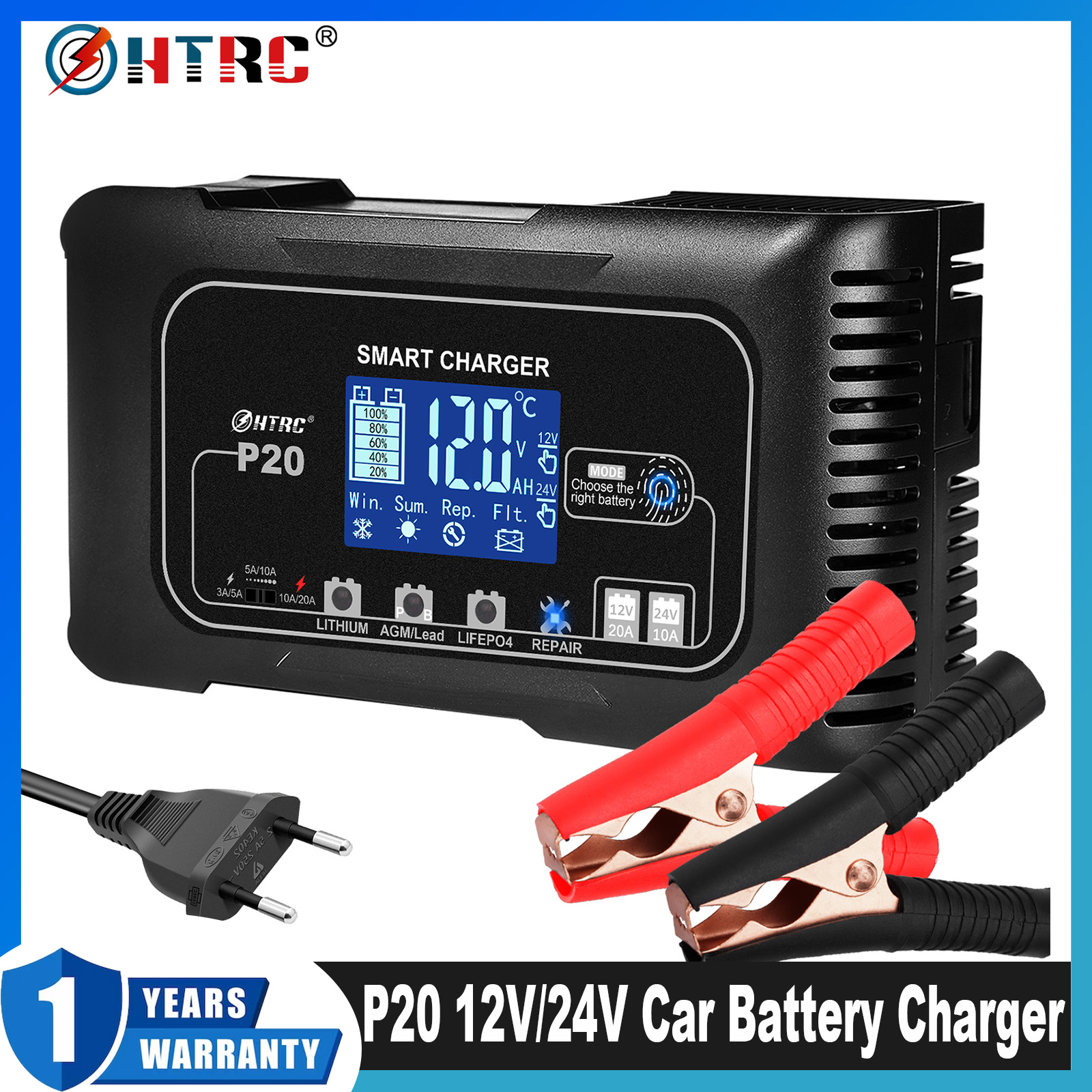HTRC 20A 12V-24V P20 バッテリー充電器スマートカーバッテリー充電器修理自動車モト鉛酸 AGM ゲル PB リチウム LiFePo4 バッテリー