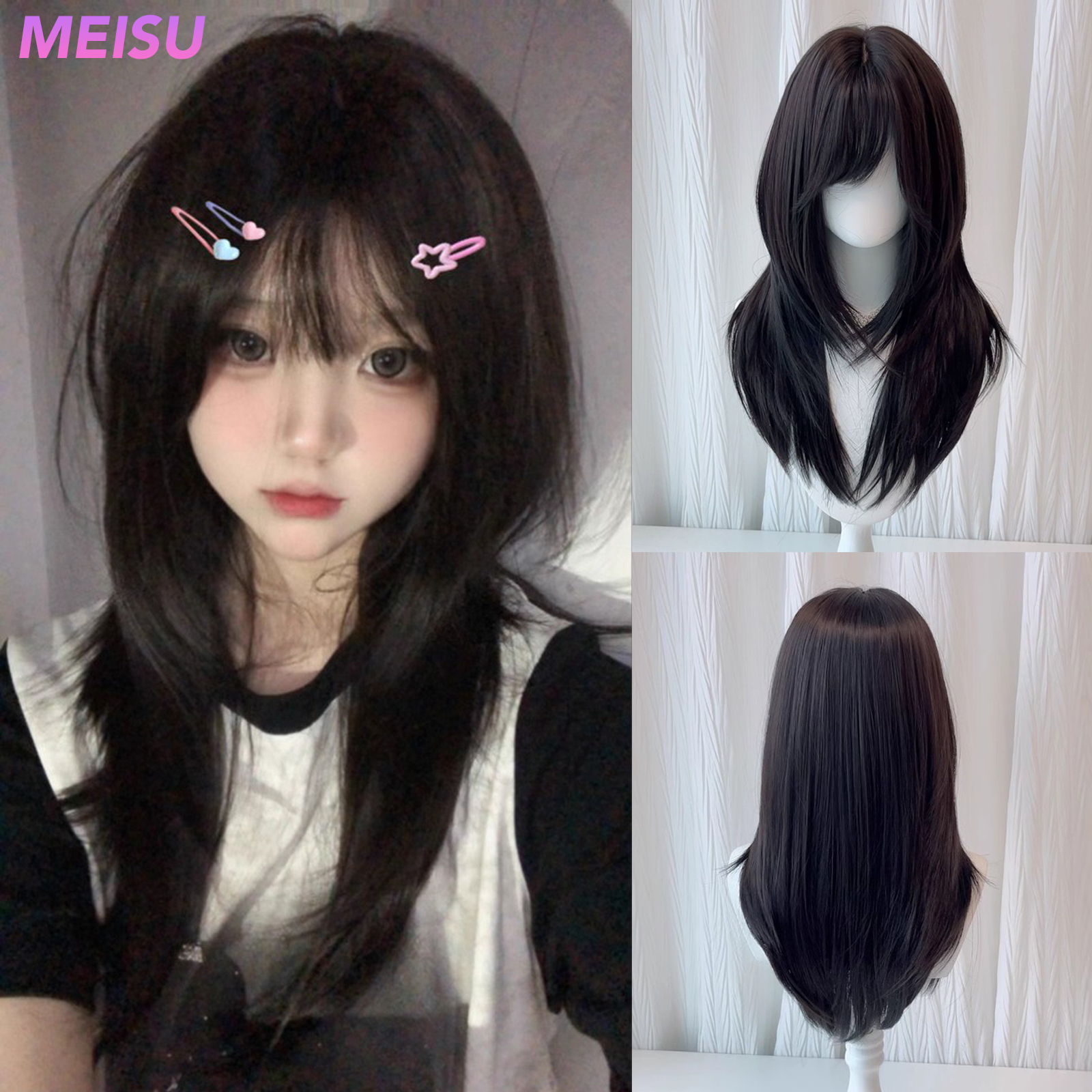 MEISU 26 インチ合成ストレートウィッグサイドスイープ前髪紅茶耐熱ナチュラルで滑らかな日常着女性のための
