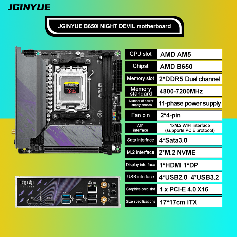 JGINYUE AM5 マザーボードは AMD Ryzen 7000 シリーズ CPU プロセッサをサポート DDR5 デュアル チャネル メモリ RAM ITX B650i Night Devil