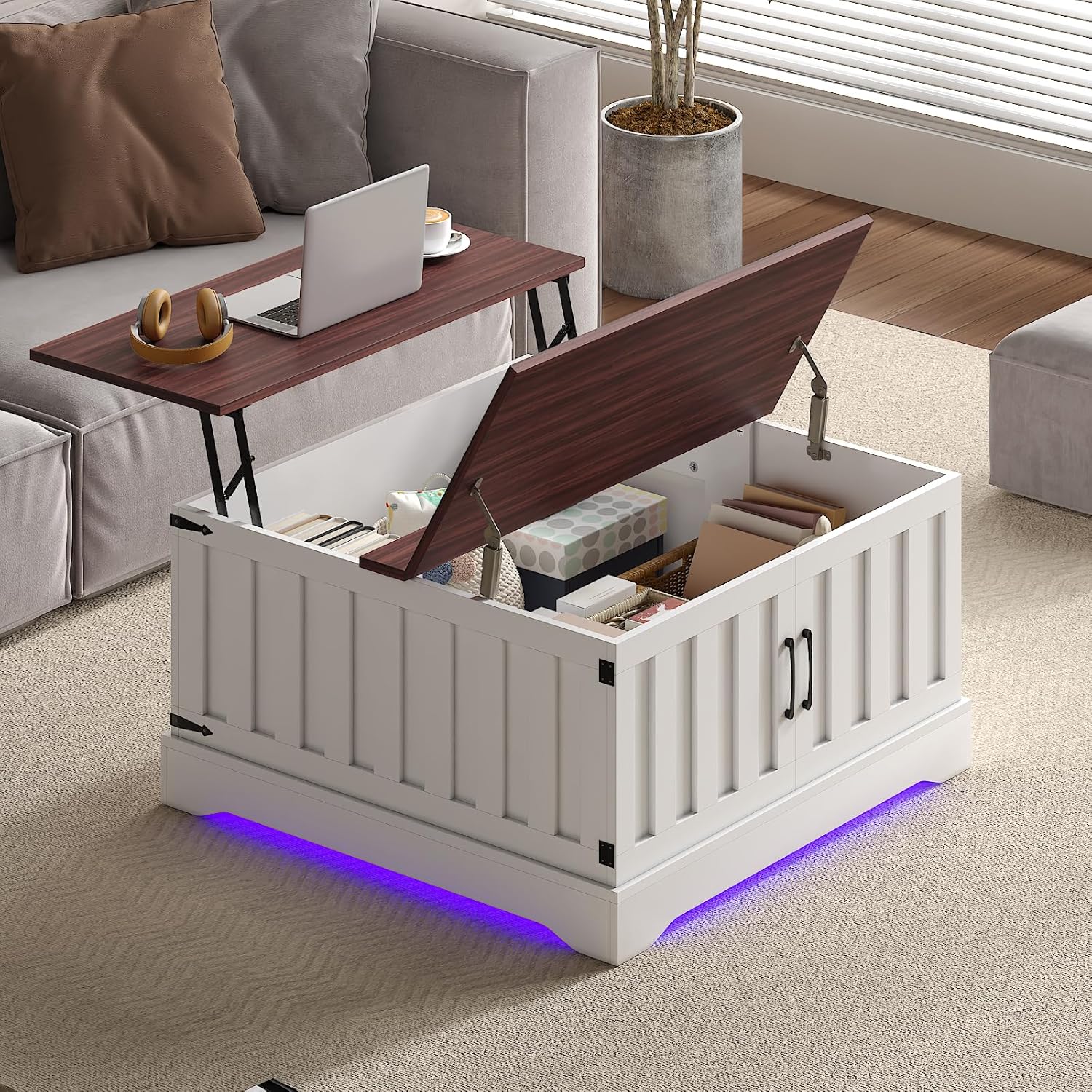 31.5インチ リフトトップコーヒーテーブル LED 隠し収納 木製 リビングルーム ダイニング レセプション、カスタマイズ