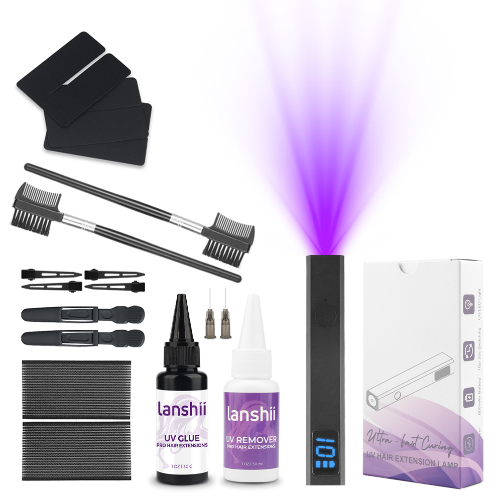 Lanshii V-Light UV グルー ヘアエクステンション キット - プロのサロン用のリムーバー付きインビジブル ボンディング セット