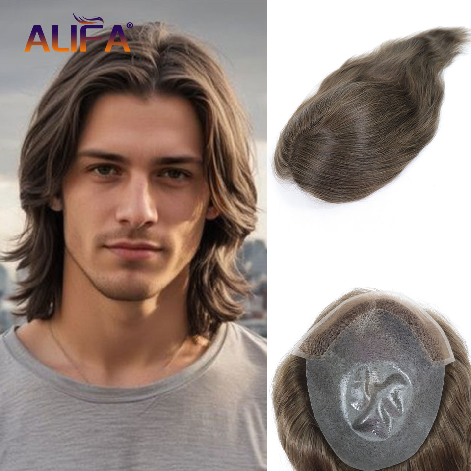 ブラウンロング人間ヘアピースメンズかつらナチュラルヘアラインレースフロント男性かつら通気性レース PU 毛交換システム