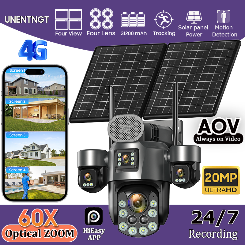 4G SIM ソーラーセキュリティカメラ 屋外 4 レンズ/スクリーン 60X 光学ズーム ヒューマントラック 360° PTZ CCTV ワイヤレス監視 24 録画