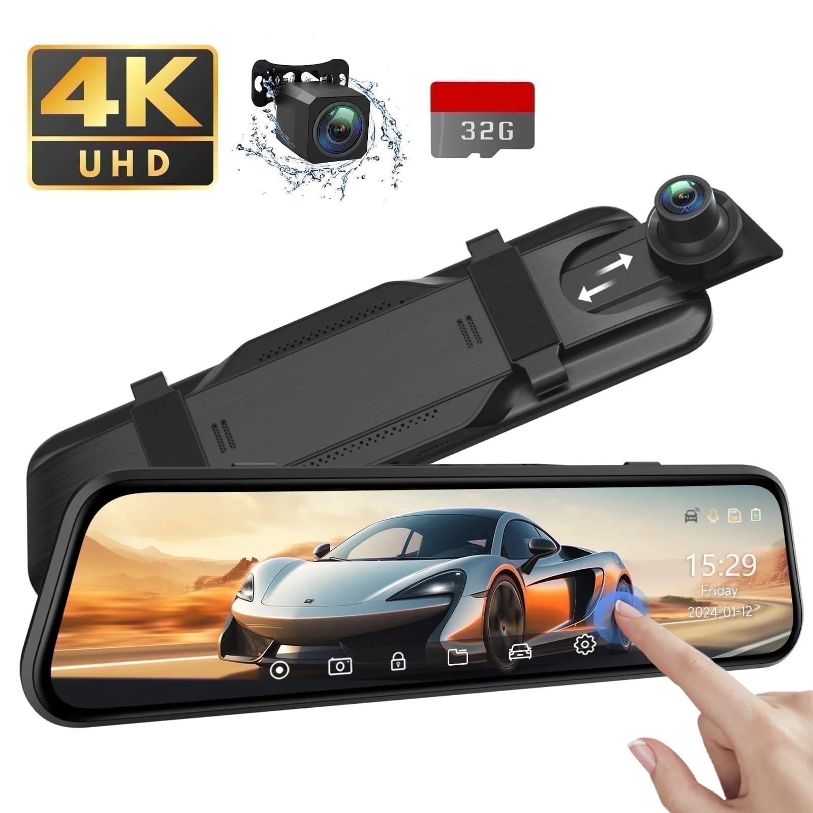 4K UHD デュアルダッシュカムフロントおよびリア、10インチタッチスクリーンミラーカメラ、ナイトビジョン、Gセンサー、32GB SDカード - ギフト