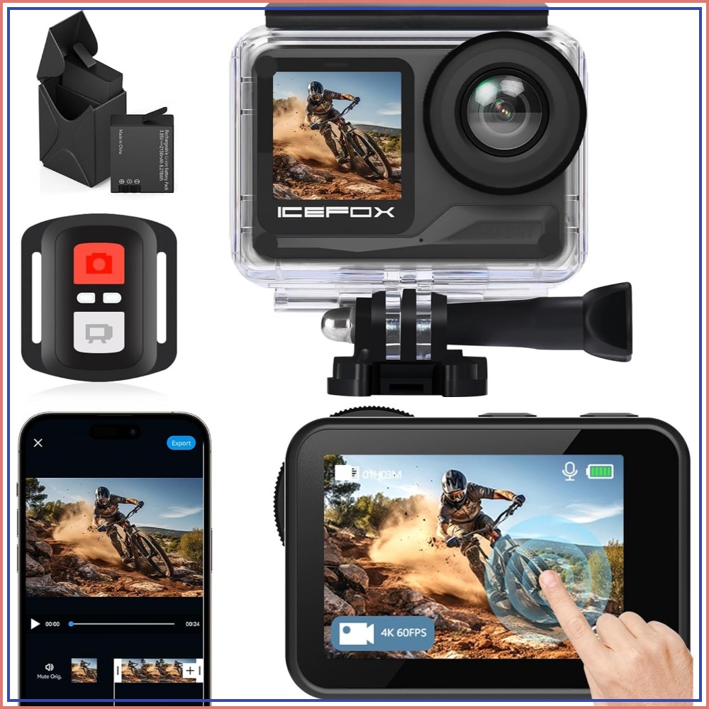 4K 60FPSアクションカメラ、30MP、2150mAhバッテリー2個付属、水深30m防水、5倍ズーム、EIS（電子式手ブレ補正）、WiFiリモートコントロール