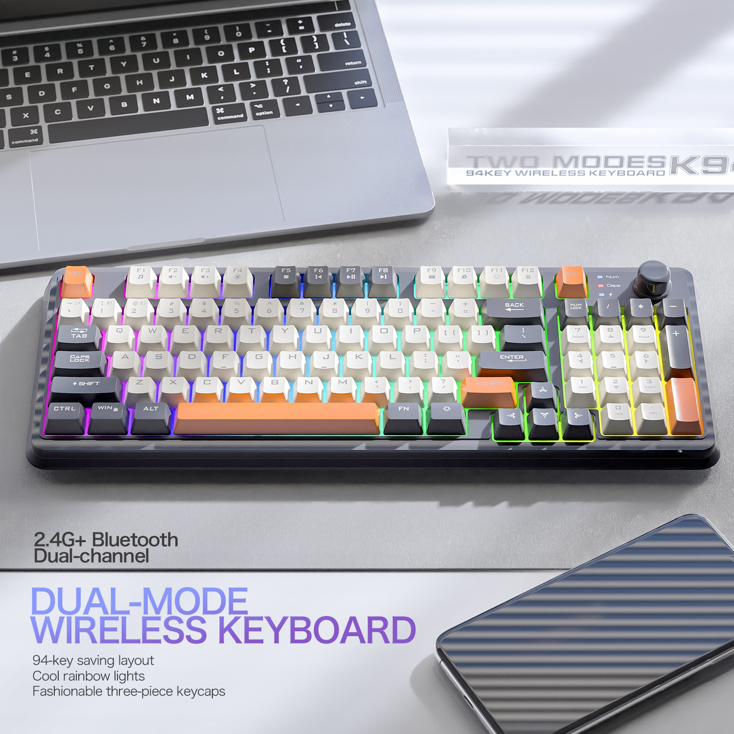 K94 ワイヤレスゲーミングキーボード、BT 5.0/2.4GHz デュアルモード 2-in-1 レシーバー付き、95 キー TKL レインボー LED バックライト付き静音キーボード用
