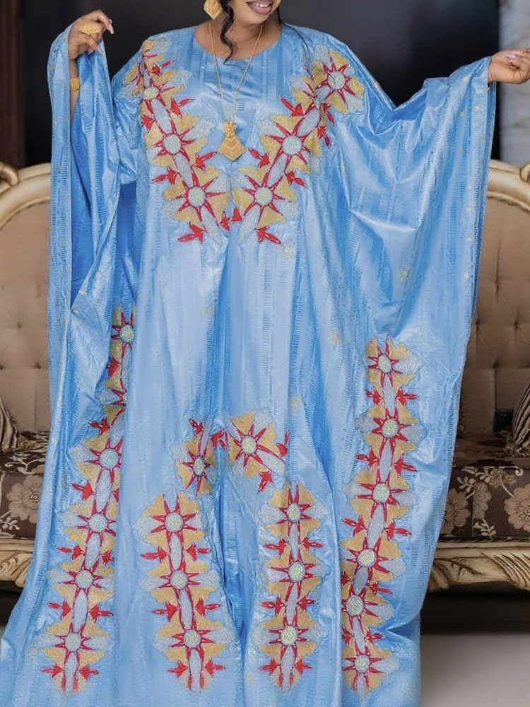 Sky Blue Bazin Riche Long Dresses Printed Bazin Boubou Brocade Shiny African Ankara Women Dashiki Robe For Daily Party