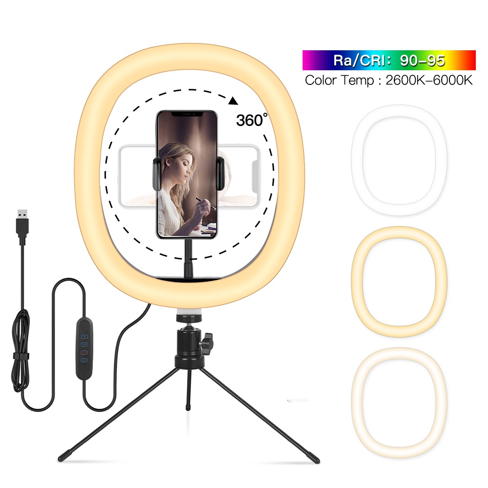 10インチ LED Selfie リングライト、楕円形の調光可能な写真補助光、デスクトップ三脚付き、モバイル Tik Tok ライブビデオリングライト用