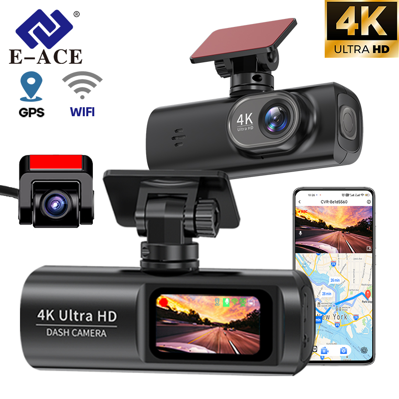 E-ACE ダッシュカム 4K カービデオレコーダー 170°超大角 WIFI GPS 24H 駐車監視車 DVR 1080P リアカメラ ブラックボックス