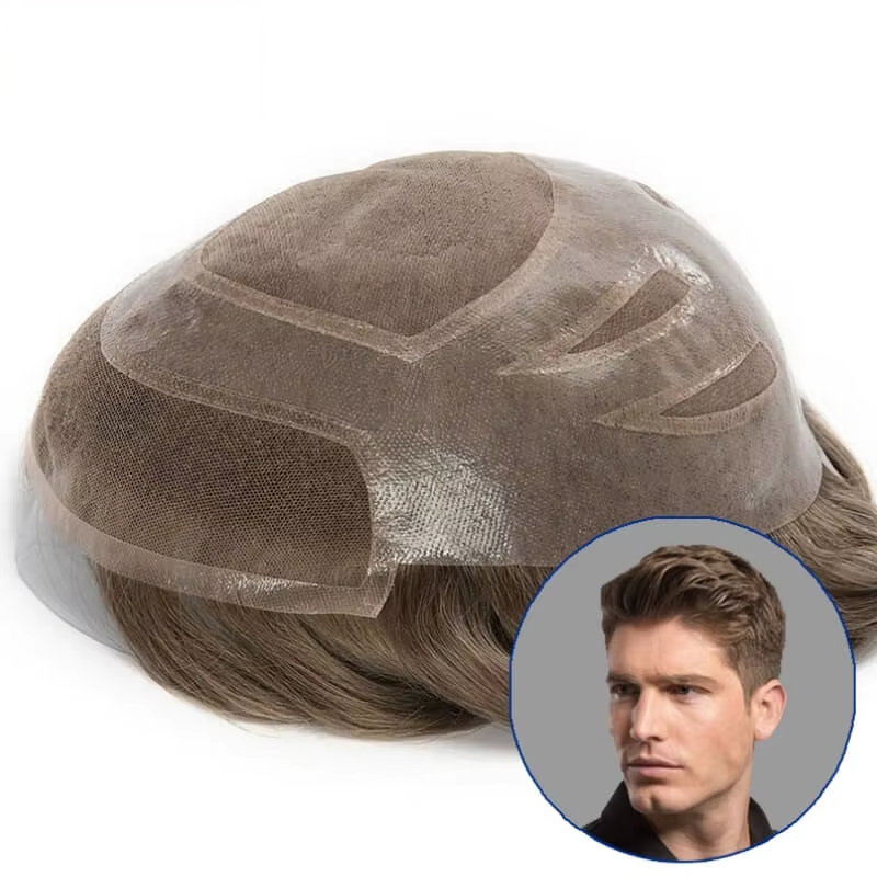 男性用ファインモノヘアシステムモノラルとスキンハイブリッド通気性毛細管プロテーゼ付きレースフロント、男性用人毛かつら