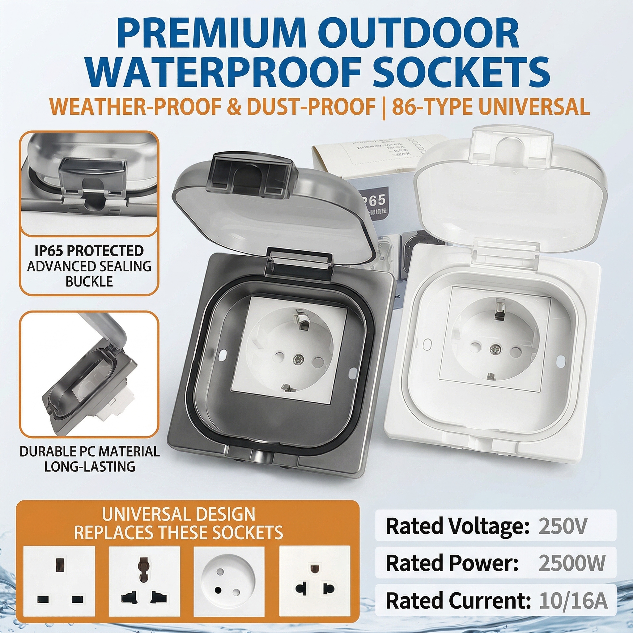 IP65防水凹型壁ソケット、16A 250V米国/タイスタイル10Aレセプタクル、浴室用86タイプ耐候性コンセント