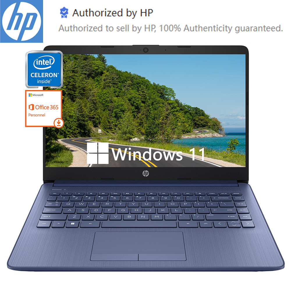 HP 最新 14 インチ ビジネス ラップトップ、ウルトラ ライト ラップトップ、Intel Celeron N4120、16GB RAM、64GB eMMC、1 年間 Office 365、Win 11 S、ロイヤル ブルー