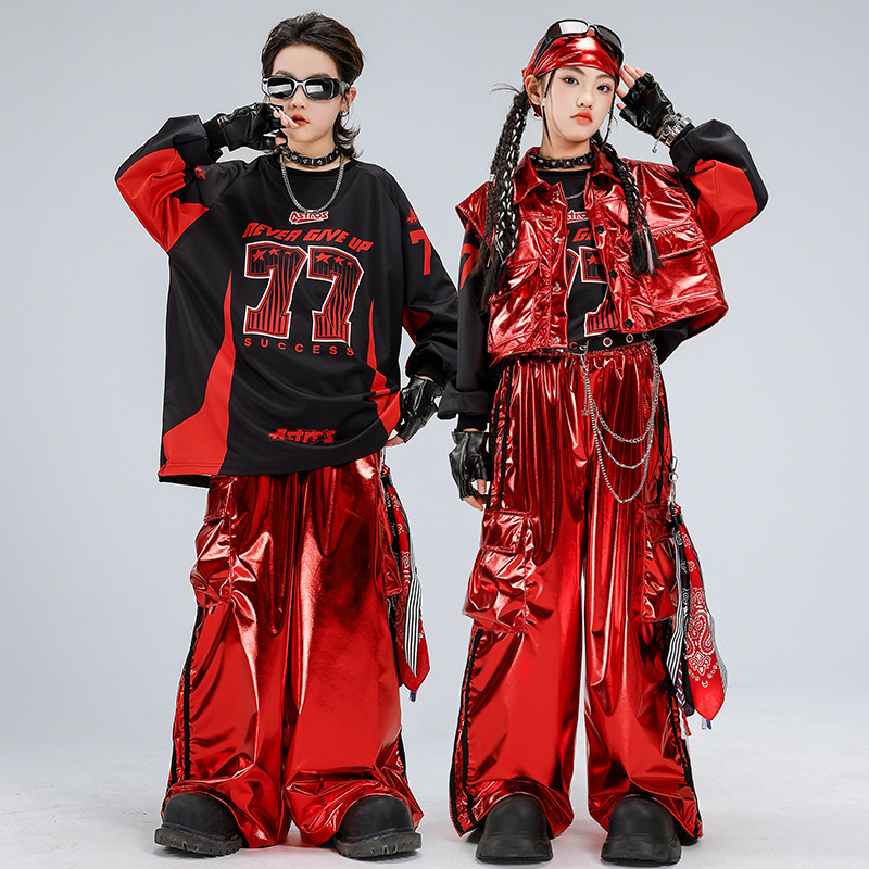 Boys Hip Hop Dancing Clothing Sets Sweatshirt Red Vest Baggy Pants Girls Jazz Dance Costume Group Stage Performance Wear Clothes