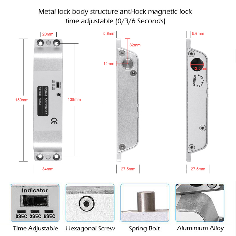 DC12V フェイルセーフ NC 電気ドロップボルトロックアクセス制御電子ドアほぞ穴ロック時間遅延付きゲートエントリーシステム
