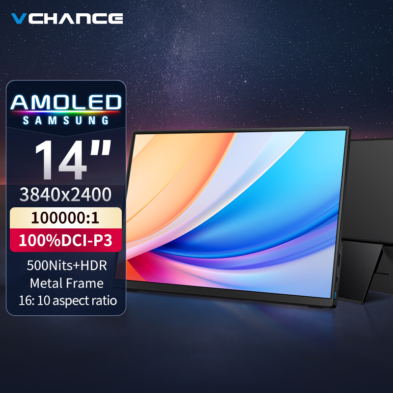 VCHANCE 14 インチポータブル OLED モニター 3840x2400 16:10 500Nits HDR メタルフレームトラベリングディスプレイ PC Xbox Switch PS5 Macbook 用