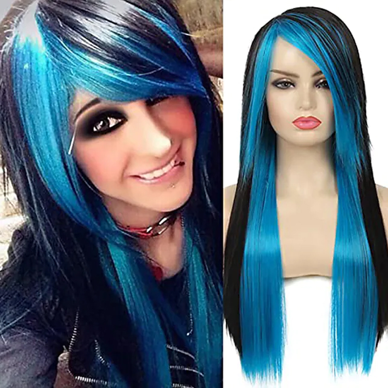 HAIRJOY 人工毛ロング赤黒ストレート耐熱サイド前髪ハロウィン衣装女性ウィッグ