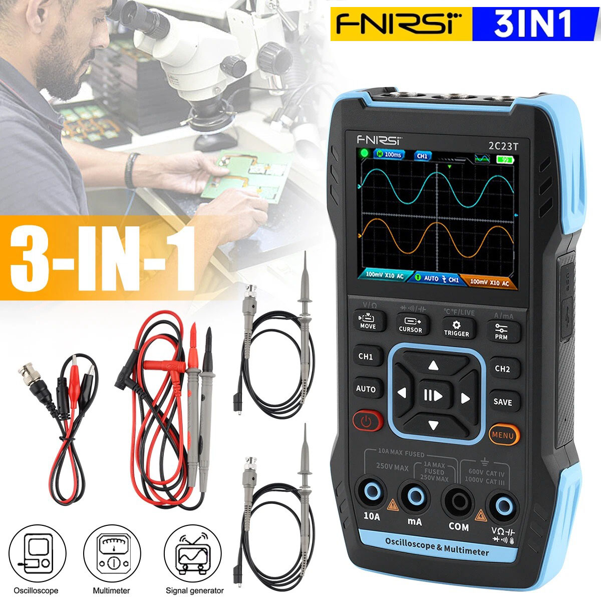 FNIRSI® 2C23T ハンドヘルド デュアル チャネル 3-in-1 10MHz 50MS/s オシロスコープ マルチメータ DDS 関数ジェネレータ