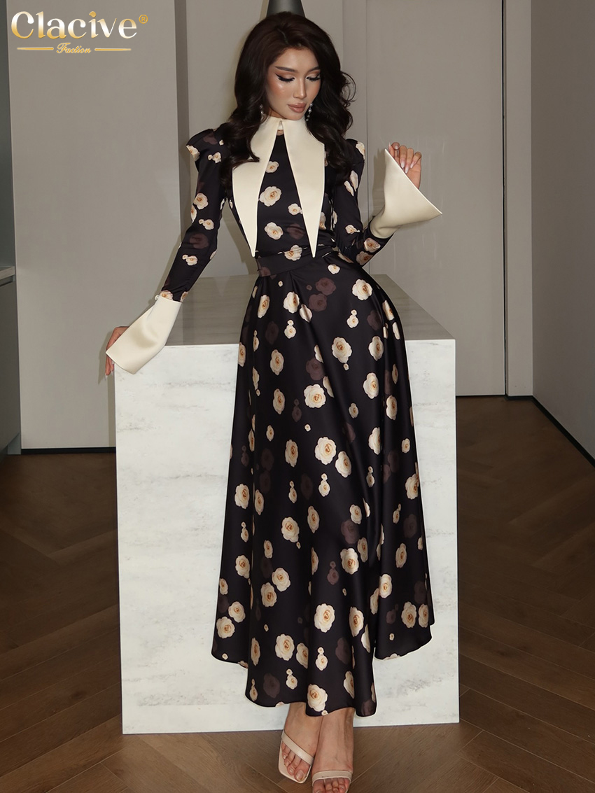 Clacive ファッションスリムプリント女性のドレス秋ラペル長袖足首丈ドレスエレガントなクラシックハイウエスト女性のドレス