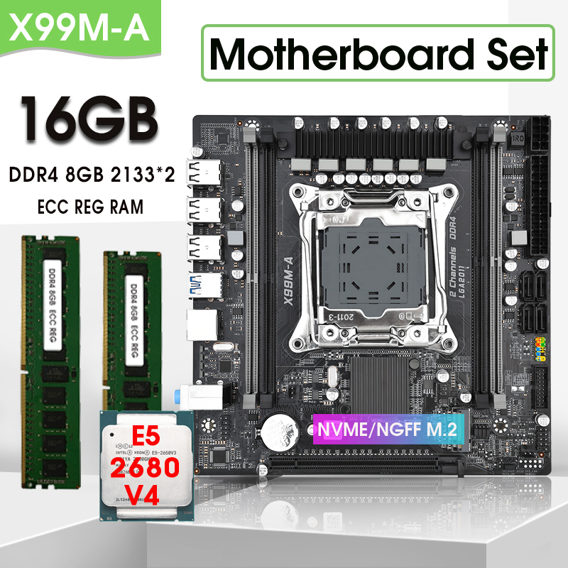 LGA2011-3 マイクロ ATX X99 マザーボードキットセット 2680 V4 CPU 16GB DDR4 RAM コンボ Placa Mae オフィスアセンブリキット Xeon USB 3.0 X9