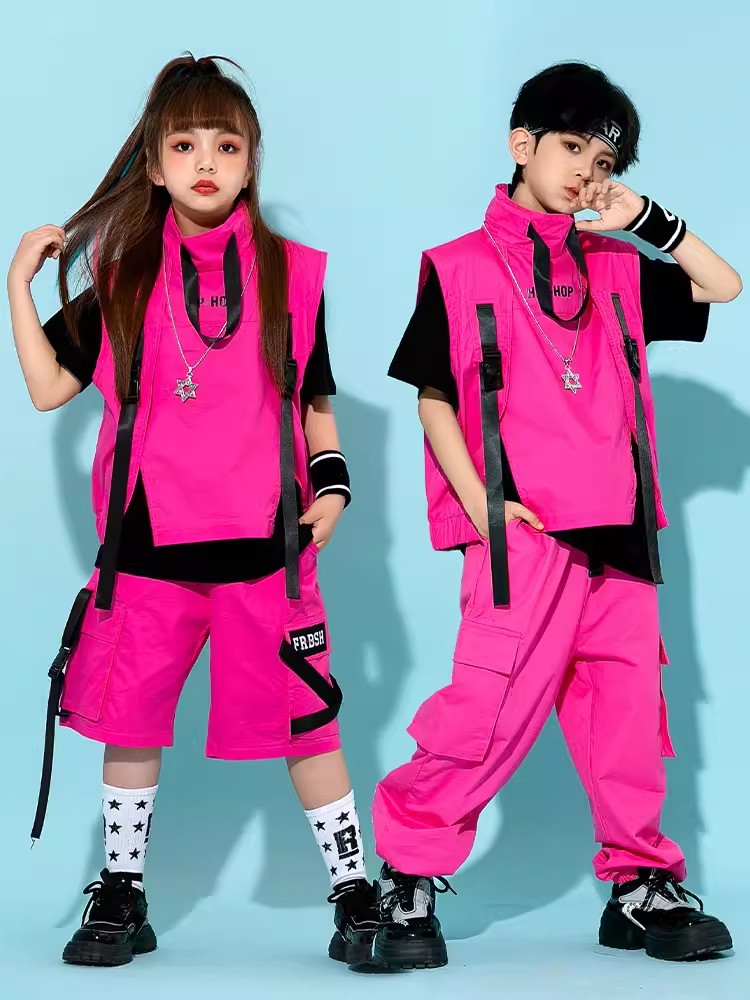 子供ヒップホップ衣装少年少女ジャズダンスファッション服ピンクベストパンツストリートダンスドラムステージパフォーマンス着用 BL10929