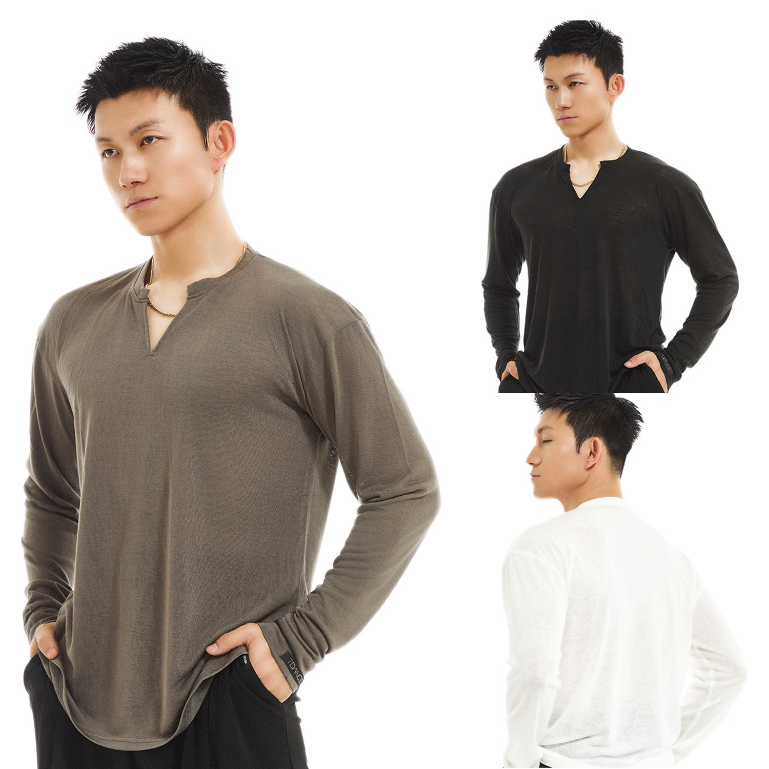 小さな V ネックラテンダンストップス男性長袖 Tシャツルンバサルサ社交ダンス服プロの練習服 NV22994
