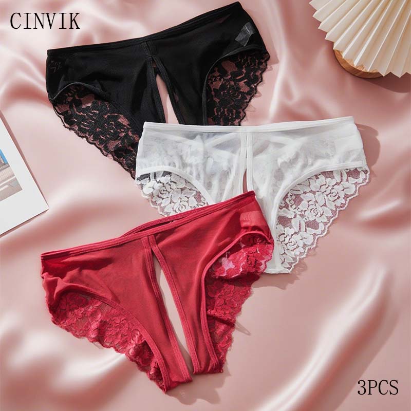 CINVIK 3 個スリットセクシーな女性のランジェリーレースフラワー女性のパンティー無地女性下着通気性ブリーフ