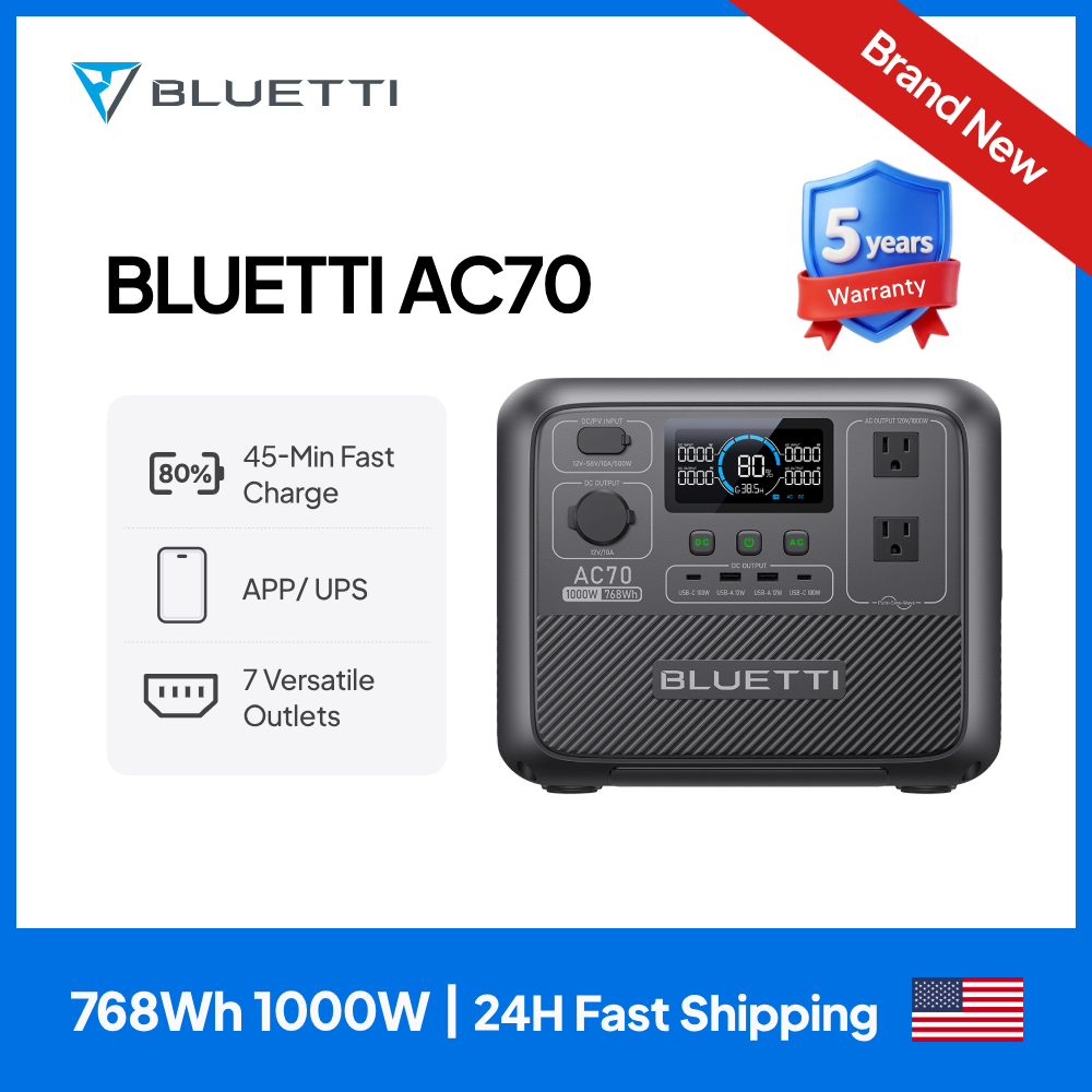 【US PLUG】BLUETTI AC70 ポータブル パワー ステーション | 1000W 768Wh、ロードトリップ、オフグリッド、停電用発電機