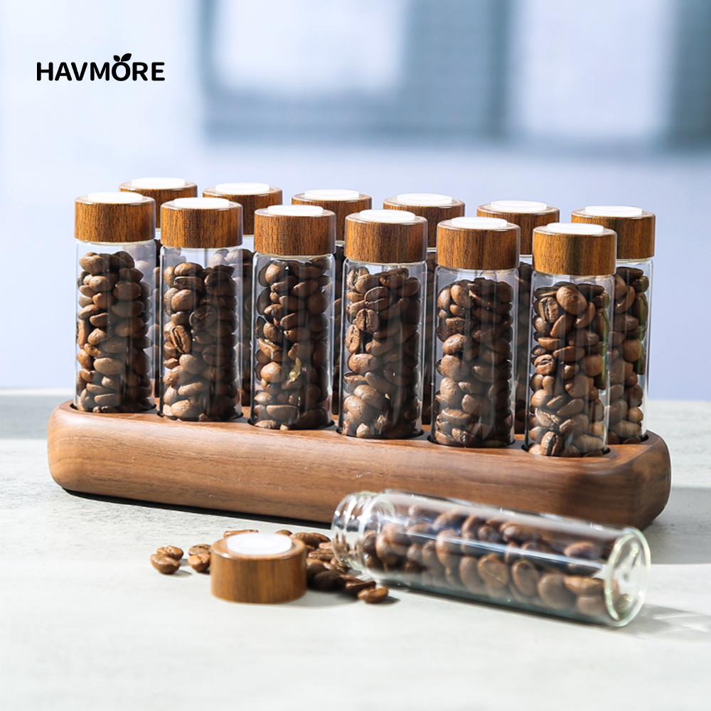 Havmore 木製ホルダー 12 試験管 1 回分のコーヒー豆ガラス容器木製スタンドコーヒー豆保存管