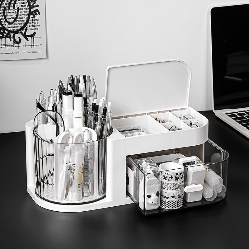2-in-1 回転ペンホルダー回転デスクトップオーガナイザー収納ボックス引き出し付きプラスチックペンホルダー化粧品収納ボックス