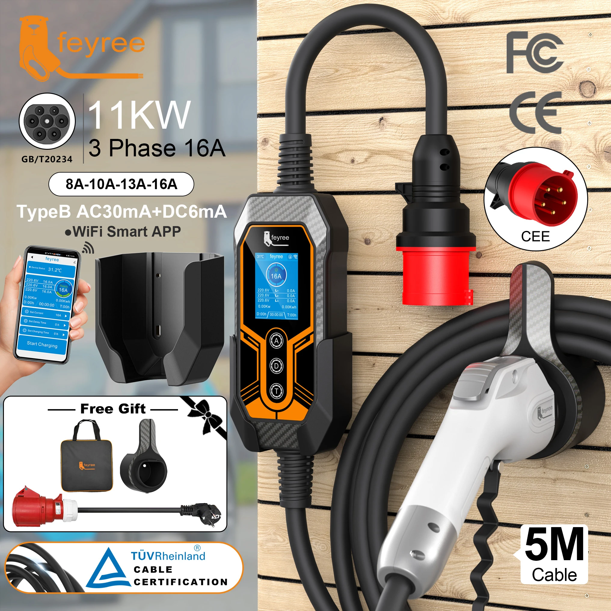 feyree GB/T ポータブル EV 充電器 16A 11kW 3P Wifi APP 制御新バージョン EVSE 充電器ボックスホルダーとアダプター電気自動車用